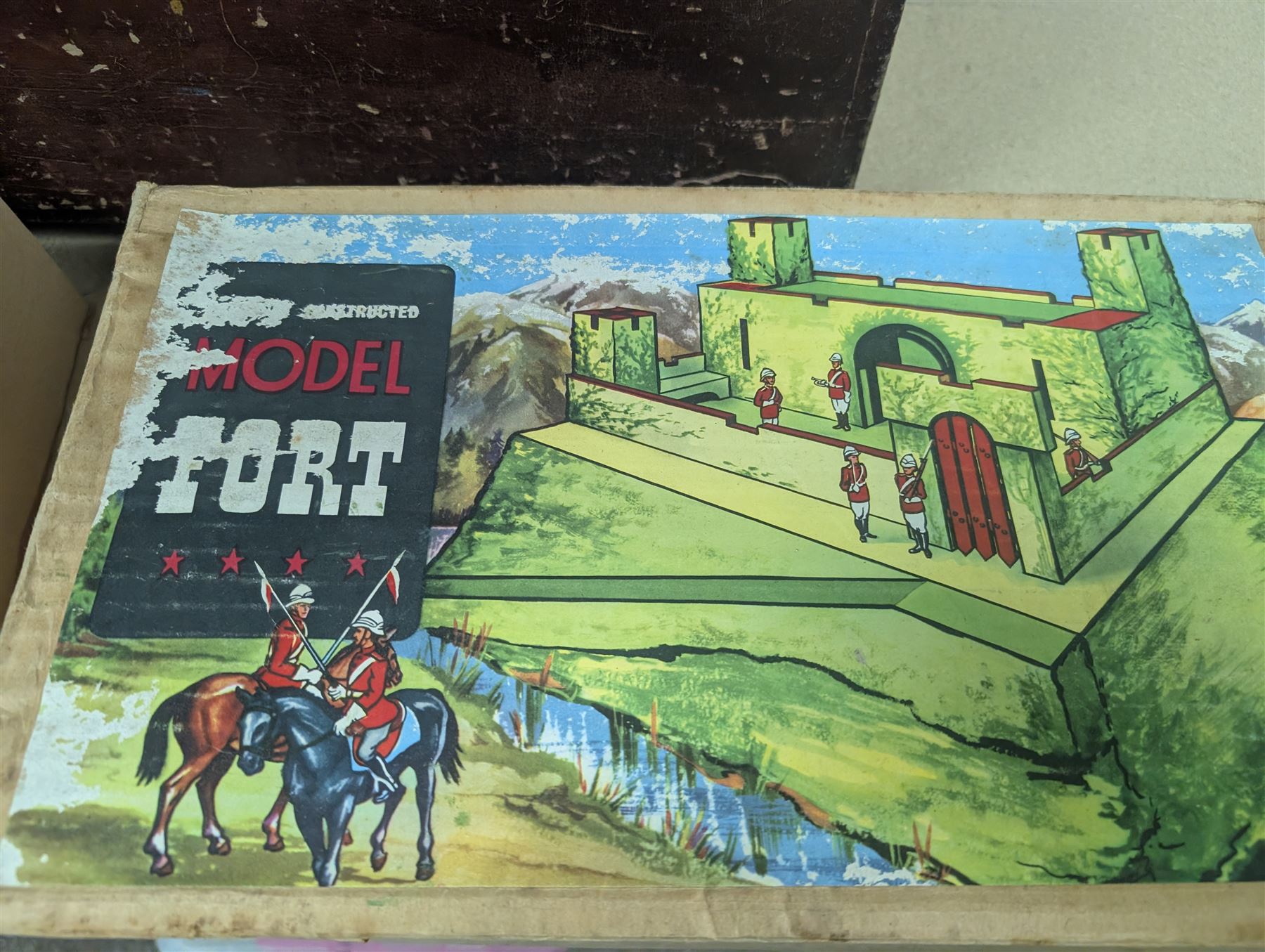 Wooden model fort, collection of Britains Deetail soldiers and similar and wooden building blocks 