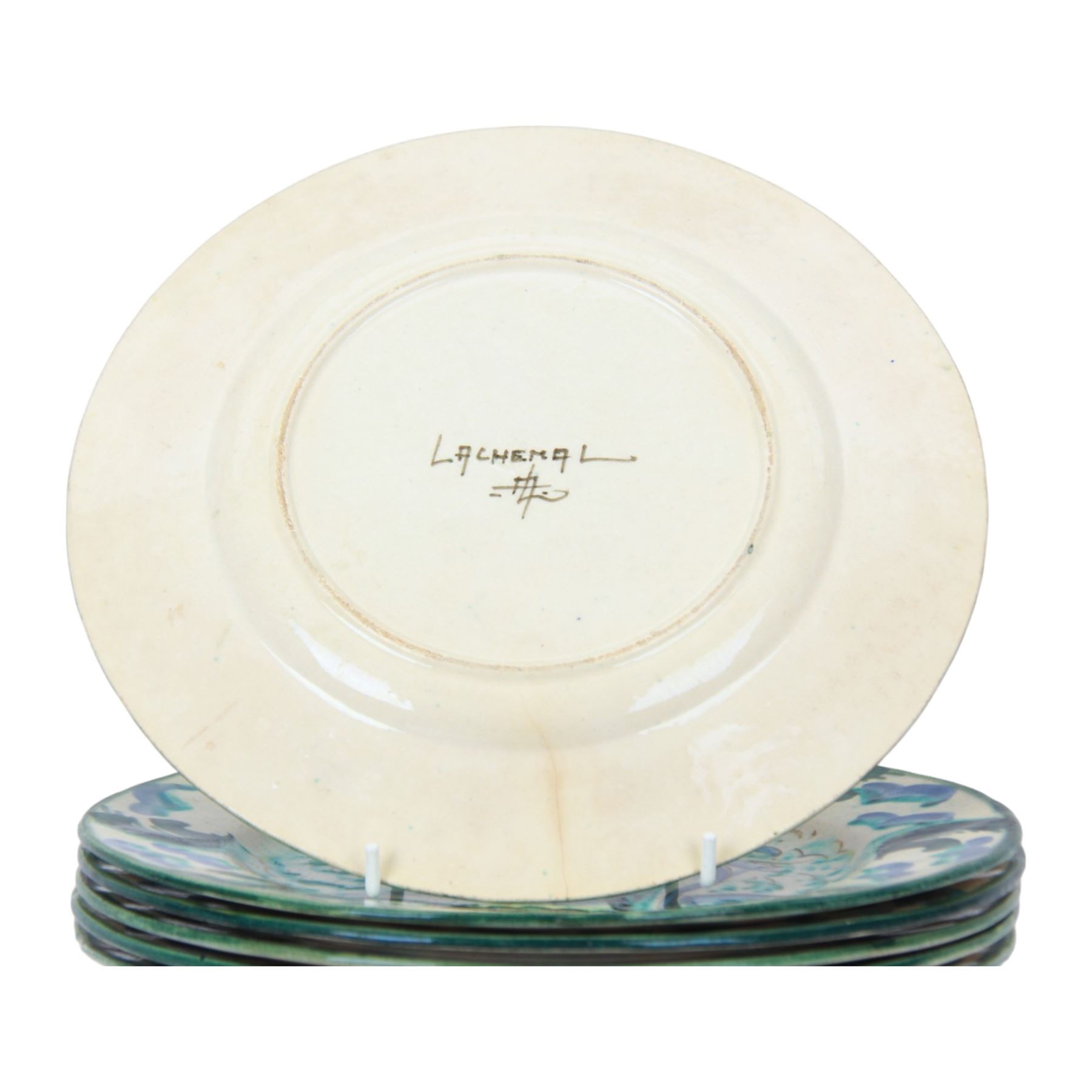 Raoul Lachenal (1885-1956), set of six French faience Iznik style plates, decorated with fish in tones of blue and green with lustre finish, each signed beneath Lachenal and monogramed, bearing Sotheby's labels, D24cm


Provenance: Lot 230, Collection de Ceramiques francaises, verreries, tableaux, documentations, provenant de la Villa Clara Schumann, Sotheby's, 16th December 2005