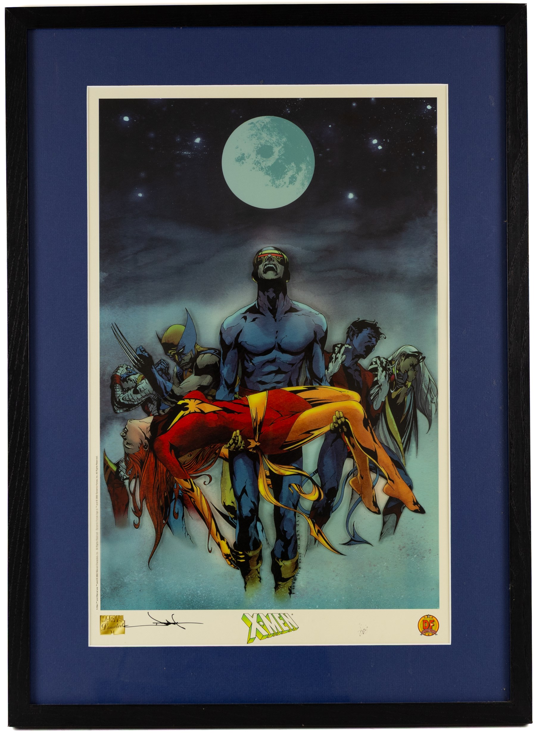 Four limited edition Dynamic Forces Marvel prints, comprising Universe X Premiere lithograph remarked and signed by artist Alex Cross limited no. 21/99, X-Men Death of Phoenix signed by artist Jae Lee, limited no. 7/1980, both with certificate of authenticity and two unsigned prints The Punisher and The Xmen, largest H67cm, W38cm (4)