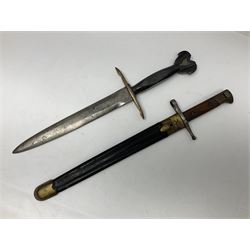 Italian Model 1891 bayonet with 30cm fullered blade; the crosspiece marked 'TERNI'; in associated brass and leather scabbard L43cm overall; and Knights Templar (?) short blade sword (no scabbard) (2)