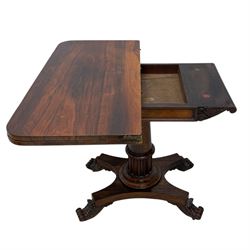 William IV rosewood card table, rounded rectangular swivel and fold-over top with plain frieze, with carved scrolled brackets above stop-fluted column with moulded collar on quadriform base with scrolled feet 