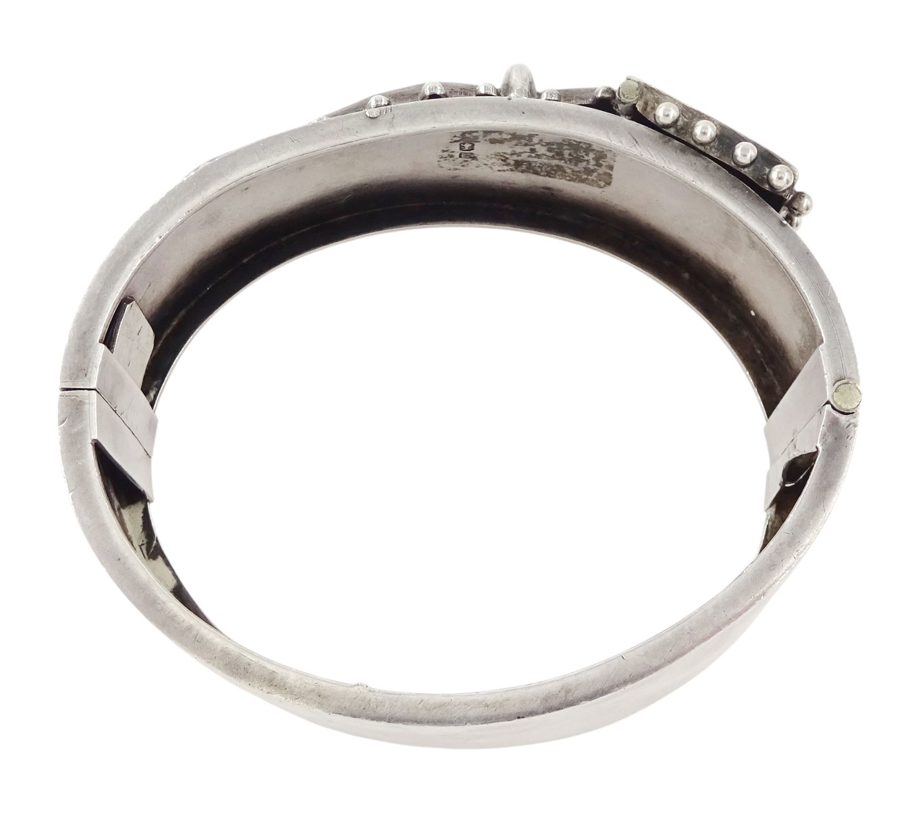 Victorian silver hinged buckle bangle by Robert James Dick, Birmingham, 1886 