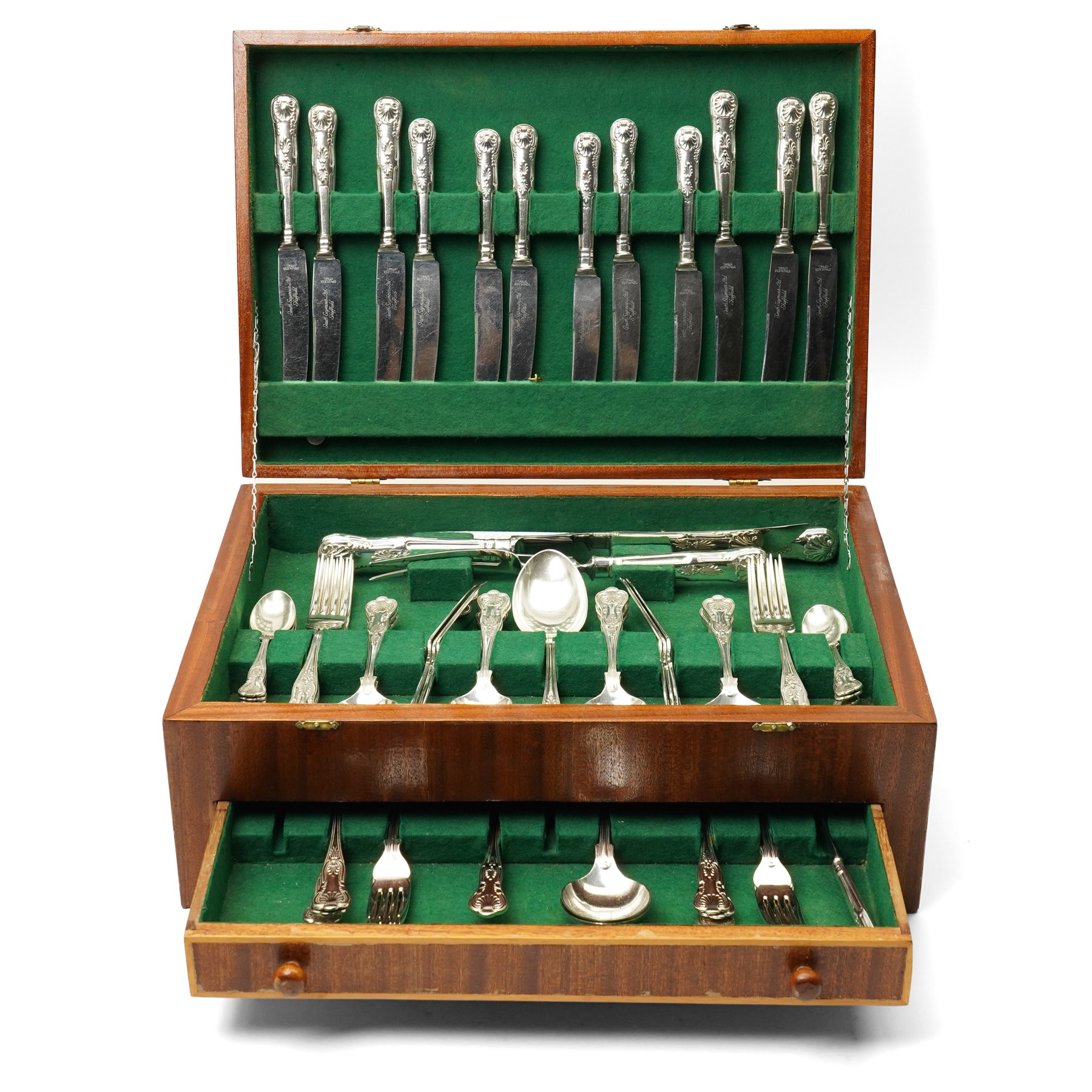Canteen of silver plated Kings pattern cutlery for six covers in mahogany box with single drawer