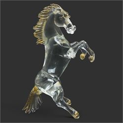 After Oscar Zanetti - Two Murano glass rearing horses with aventurine details to mane tail and hooves, larger 35cm and a Murano dolphin H24cm (3)