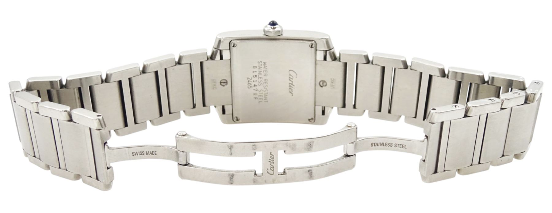 Cartier Tank Francaise mid size stainless steel quartz wristwatch, Ref. 2465, silvered dial with date aperture, on original stainless steel bracelet, with fold-over clasp, boxed with purchase receipt dated 2013