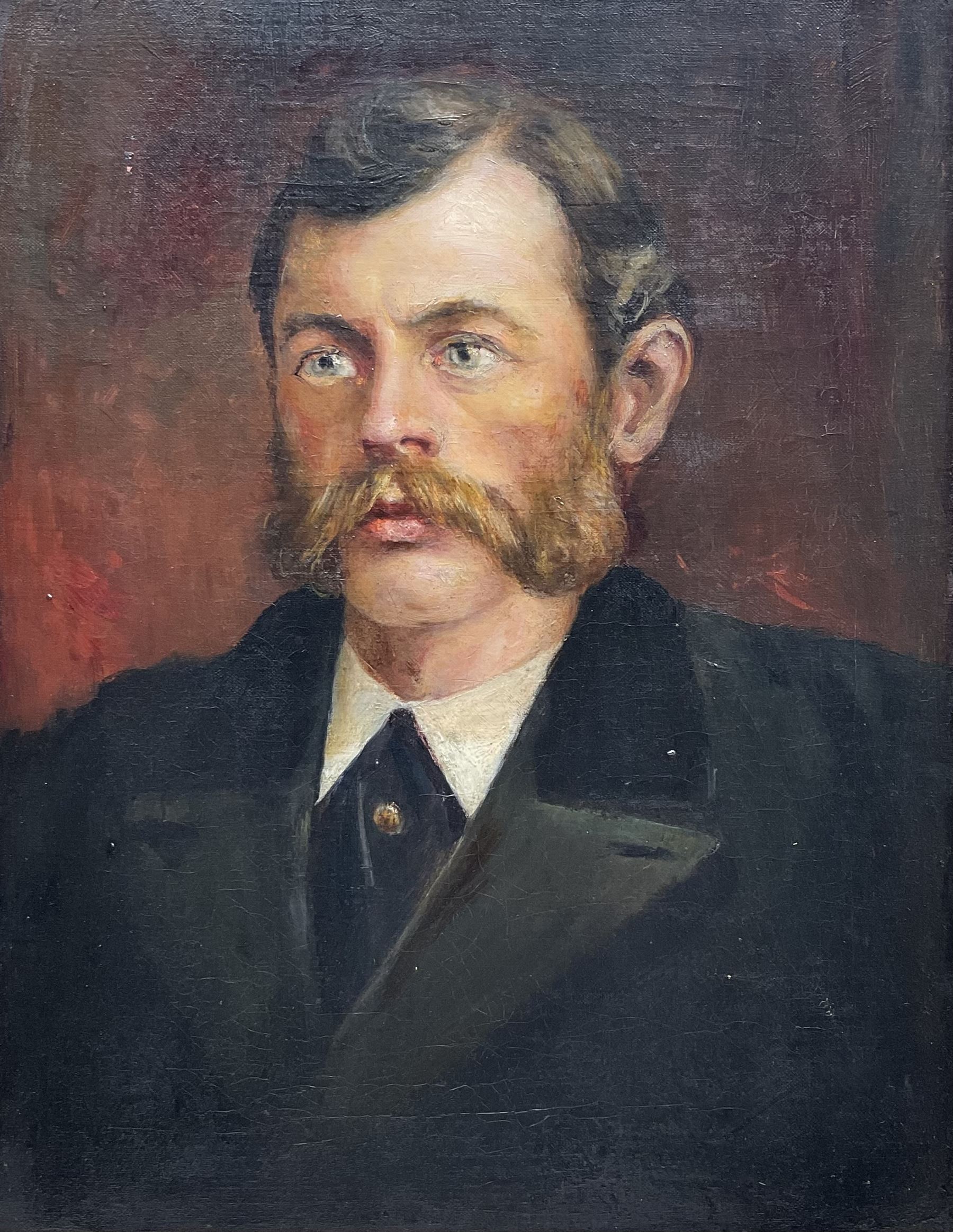 JKF (British 19th century): Portrait of 'Captain Neil Maclean', oil on canvas, signed with initials inscribed 'after a carte de visite' and dated 1879 verso, titled on stretcher 45cm x 35cm