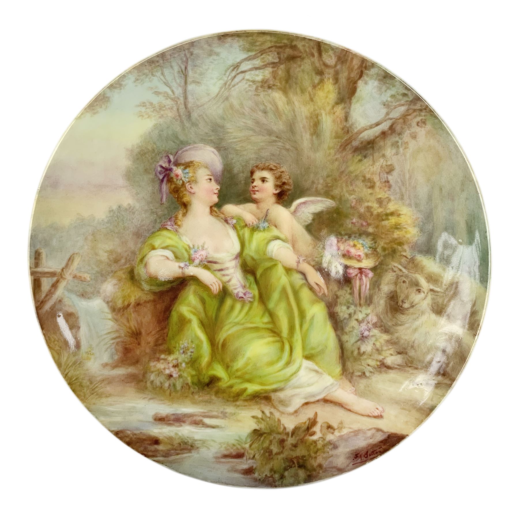 Late 19th century porcelain plate, hand painted by Frederick Sutton, depicting a female figure and putto within a wooded landscape, with recumbent sheep and brook to the fore, signed F N Sutton, unmarked verso, D22.5cm

Frederick Sutton was employed as a painter at the notable factories of Royal Worcester, Coalport, and Minton. 
