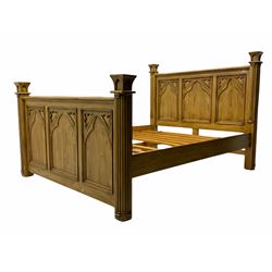 Gothic polished pine 5’ King-size bedstead 