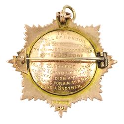9ct gold Royal Antediluvian Order of Buffaloes presentation medallion/brooch, with applied Norwegian enamel depicting stags, the reverse presented by the Cobridge Lodge No 3989, hallmarked Chester 1939 