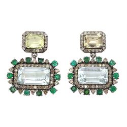 Pair of silver and gold emerald cut aquamarine, round brilliant cut diamond and emerald pendant stud earrings, total aquamarine weight approx 12.45 carat, total emerald weight approx 1.35 carat, total diamond weight approx 2.40 carat