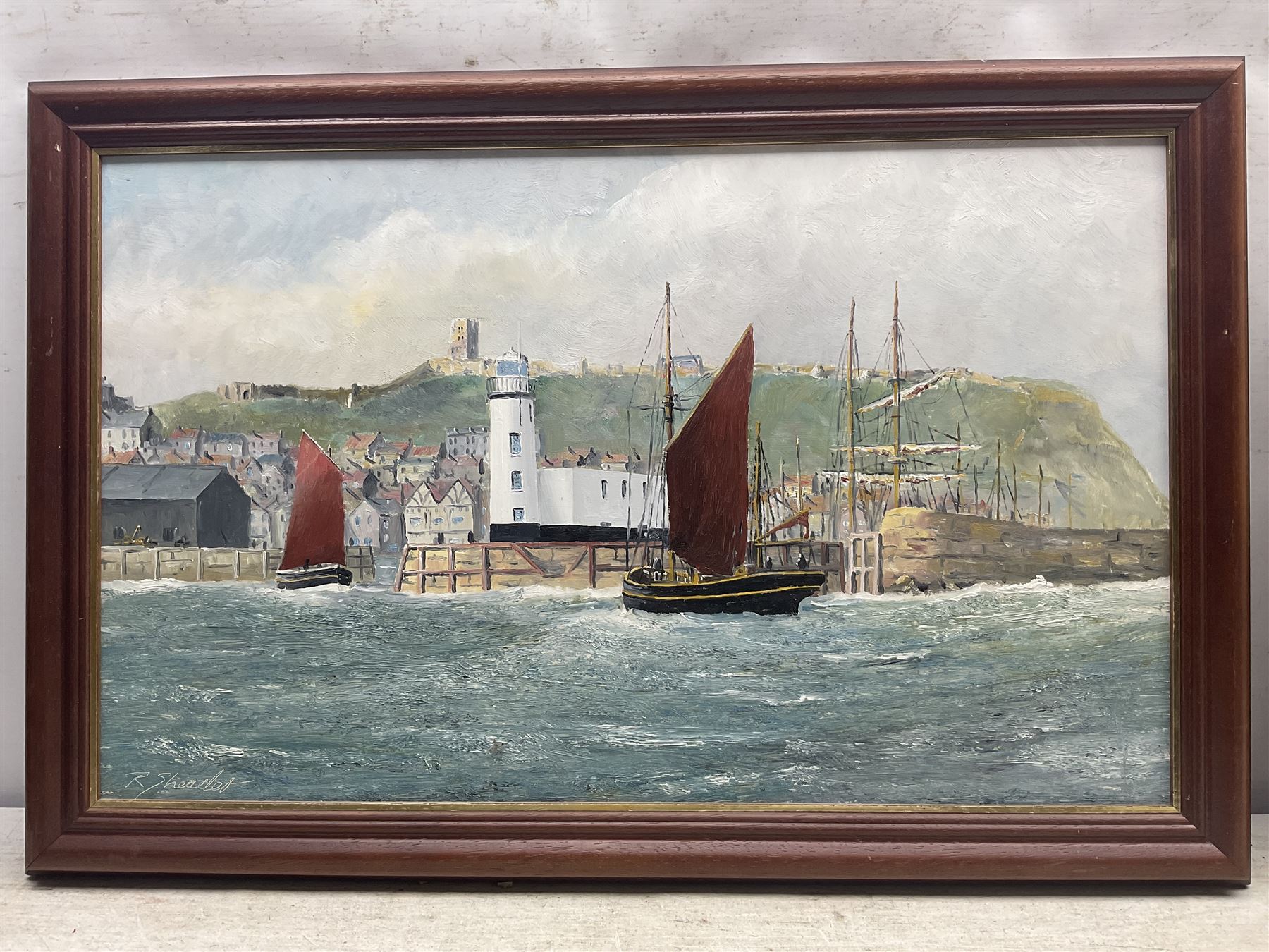 Robert Sheader (British 20th century): Yawls Returning to Scarborough Harbour, oil on board signed 37cm x 60cm 