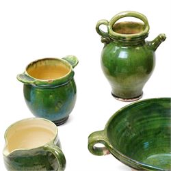Collection of studio pottery, in green glazes, mostly unmarked, tallest H23cm (7)