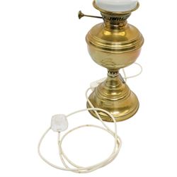 Brass oil lamp converted to electric, H49cm 