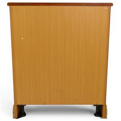 Cabinet-made oak chest, fitted with four soft-close drawers, brass swan neck handles and pierced backplates, on bracket feet