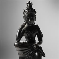 Japanese early 20th century bronze figure of Miroku Bosatsu, on naturalistic hardwood base, H31cm