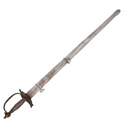 British Georgian Officers Sword, with 83cm double edged fullered blade engraved with with motifs and Osborn along with Warranted, with brass heart shaped guard and faux wire bound grip, with scabbard with twin suspension rings, overall length 100cm