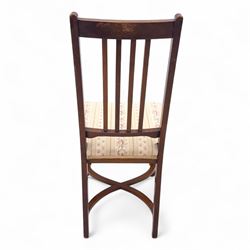 Living room items, comprising an 18th century design mahogany tray top table, the removable tray with shaped gallery, brass carrying handles and undertier stand, together with a French side chair with upholstered seat and X-stretcher base (Table H 74cm, W 54cm, D 36cm, chair H 94cm, W 41cm, D 42cm)