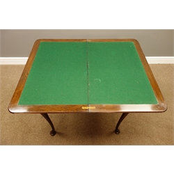  Early 20th century figured walnut card table, fold over swivel baize lined top, cabriole supports, W76cm, H74cm, D46cm  