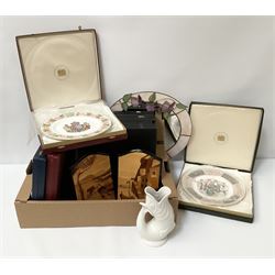 Wade Gluggle jug in white colour way, Mulberry Hall boxed commemorative plates, wooden boxes and pink circular wall mirror