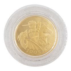 Queen Elizabeth II 2004 and 2005 gold proof full sovereign coins, forming the 'St George and The Dragon Gold Proof Sovereign Pair', housed in a Westminster case