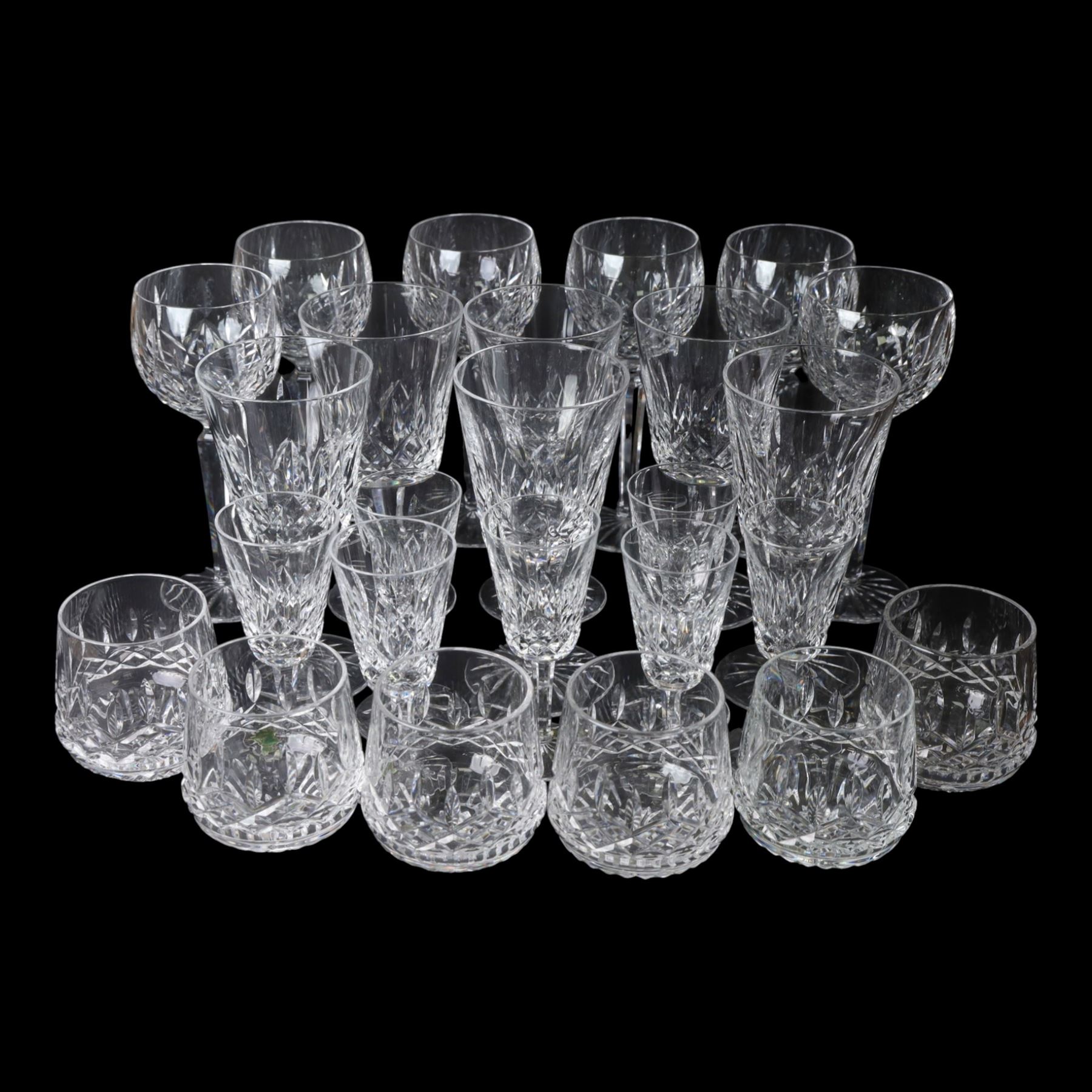 Waterford Lismore glassware for six covers, comprising hock glasses, wine glasses, tumblers and sherry glasses