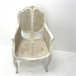 French style painted armchair, cane work back seat and arms, cabriole legs, W55cm