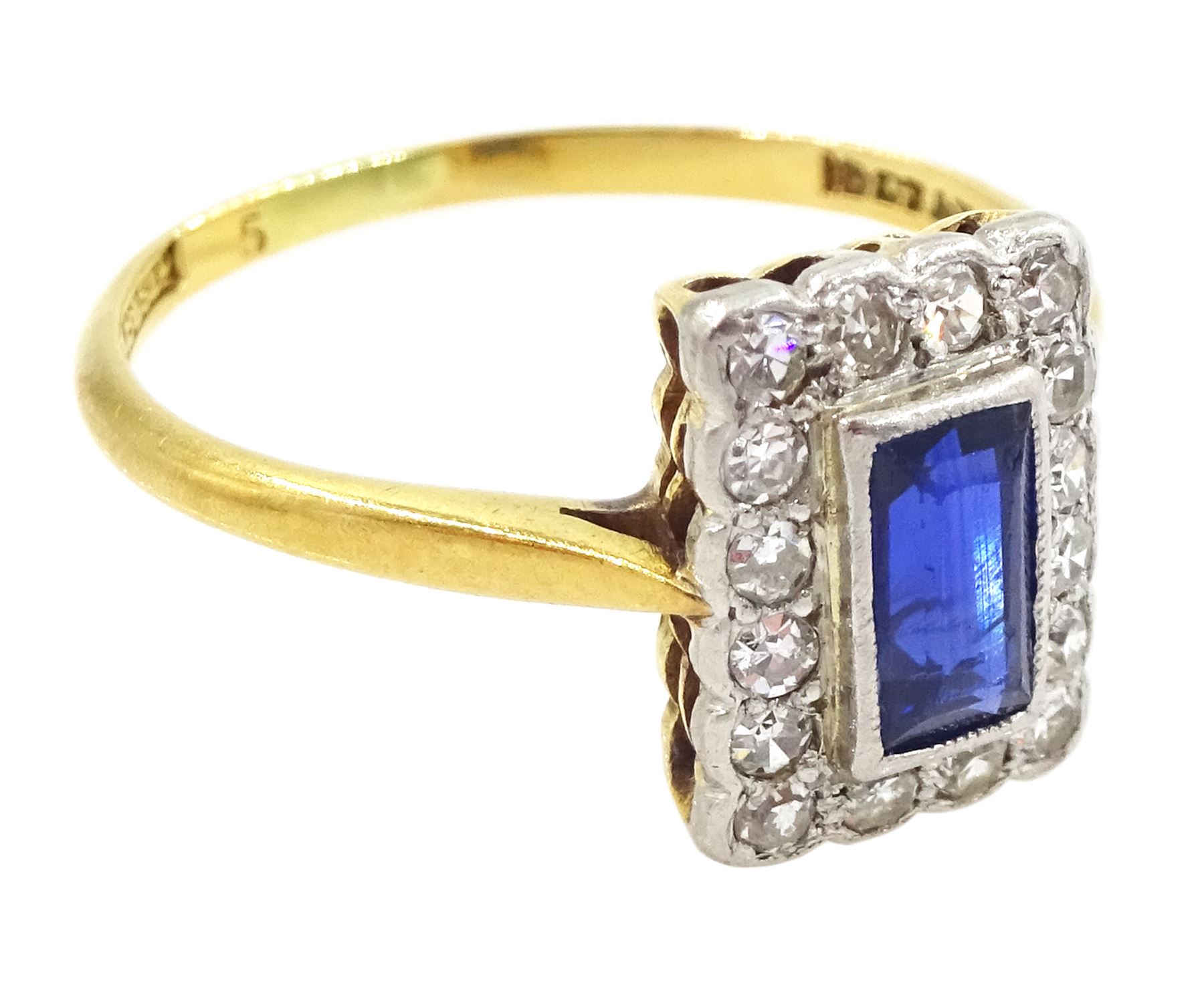Art Deco gold baguette cut sapphire, old and single cut diamond cluster ring by Blanckensee & Son Ltd, stamped 18ct & PT, sapphire approx 0.60 carat, total diamond weight approx 0.15 carat