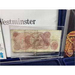 Mostly commemorative coins, including crowns, Queen Elizabeth II 2009 countdown to London 2012 five pound coin on card, 'The 2012 Diamond Jubilee' coin set in card folder, Cook Islands 2013 one dollar commemorating 'Coronation sixty years 1953 2013' etc