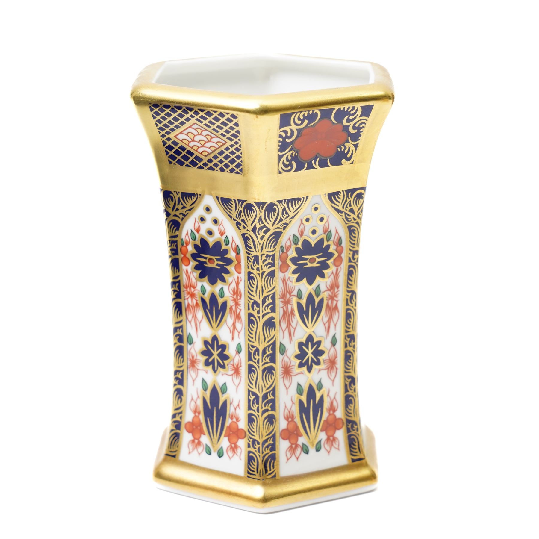 Royal Crown Derby Imari pattern 1128 wares, comprising two hexagonal tubular vases, one tray, one plate, and a collection of Spode items, one hexagonal vase with box (7)