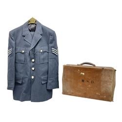 RAF style uniform, comprising of jacket and trousers, together with a leather suitcase, with initials MSD to the lid