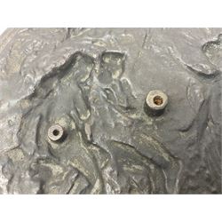 Late 19th century bronze plaque, of circular form, depicting the angel appearing to Adam and Eve in the garden of Eden in high relief, D25.5cm
