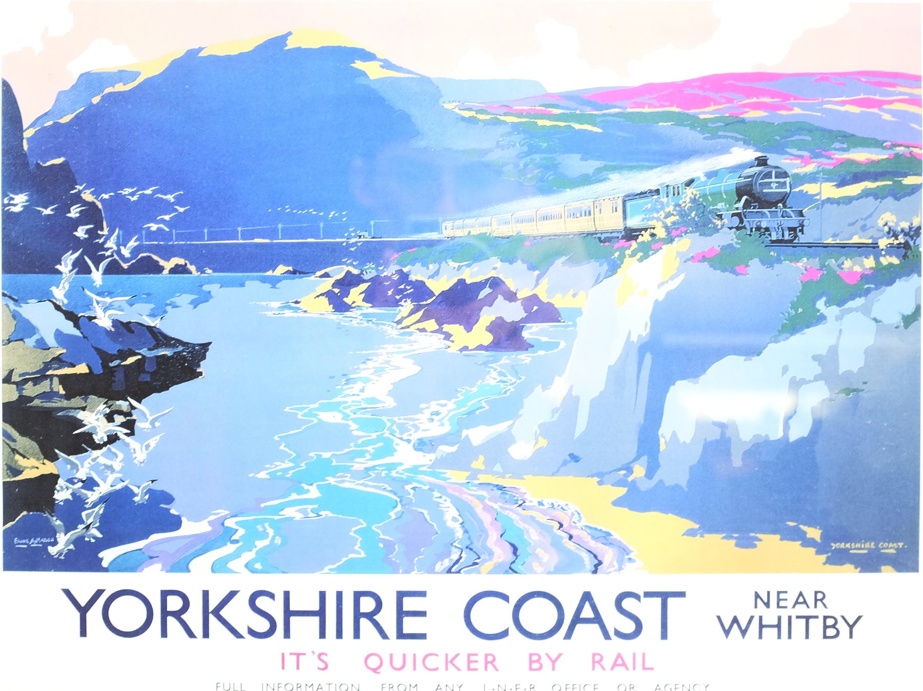 After Frank Henry Mason (Staithes Group 1875-1965): 'Yorkshire Coast near Whitby', reproduction railway poster 29cm x 38cm