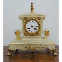  Victorian gilt metal mounted alabaster mantel clock with white Roman dial, twin train Japy Freres movement striking the hours on a bell, W29cm, H33cm, D15cm  