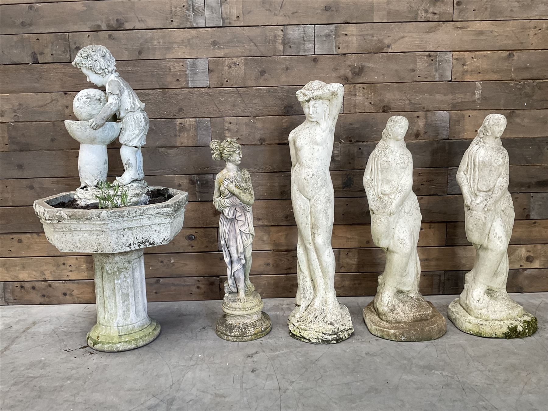 Four cast stone maiden figures, small bird bath and planter