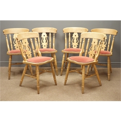  Set six beech farmhouse style chairs shaped and pierced splat, upholstered seats, turned supports  