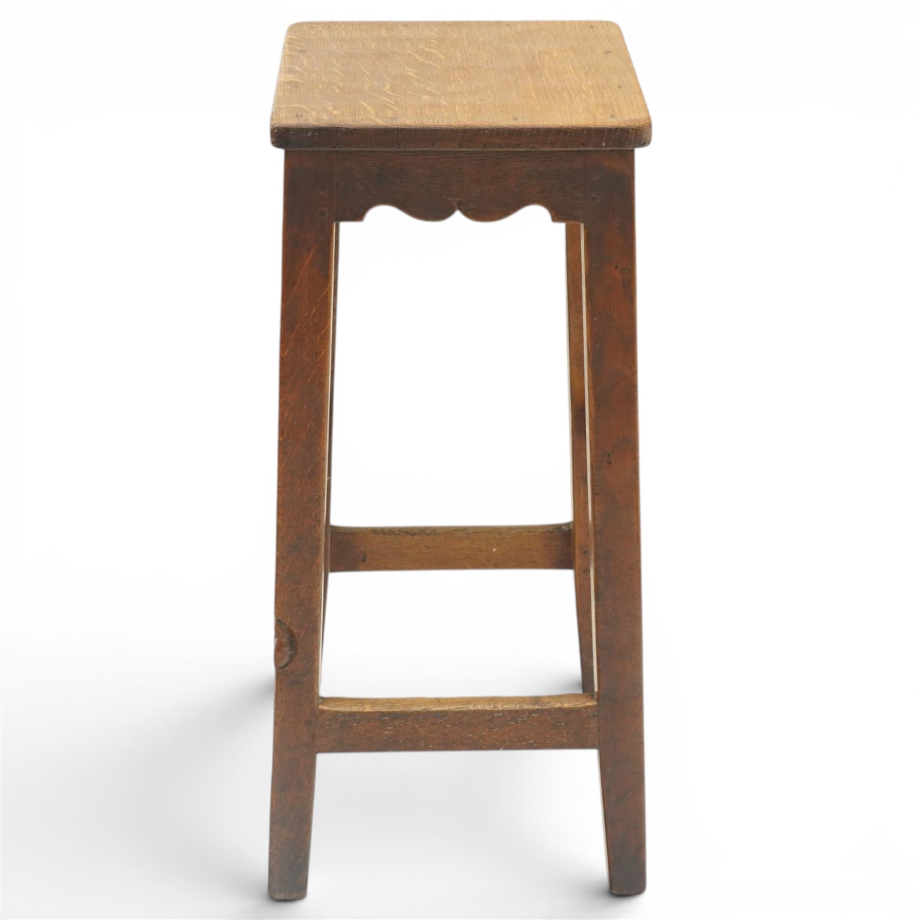 Mouseman - circa 1940/50's oak bar stool, square top with shaped apron carved with initial, raised on four tapering square legs, joined by rails, with carved mouse signature, by Robert Thompson of Kilburn, initialled with provenance from the Old Hall, Thornton-le-Dale, North Yorkshire, further info to follow