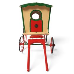 G & J Lines wooden gypsy caravan model, painted in cream with red roof, wheels and green detailing, H51cm, L89cm