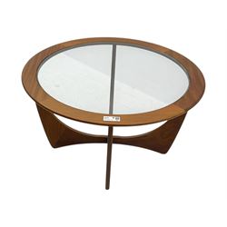 G Plan - Mid-century teak coffee table, circular form with inset glass top within a wide chamfered teak border, on sculptural cruciform base with curved intersecting supports
