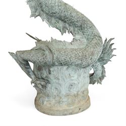 Verdigris hand finished cast brass Chinese Dragon garden centre-piece fountain, scaled dragon with gaping jaw holding an orb, curled tail on wave cast base