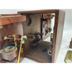 Mid 19th century brass monocular microscope by Andrew Ross, London No.180, with pitchfork base, rack and pinion focusing, revolving bed and swivelling barrel, with accessories, housed in a mahogany case with recessed carry handle and lockable doors