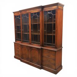 Wade Furniture - Georgian design mahogany breakfront bookcase cabinet, featuring four astragal glazed doors, above eight drawers and two cupboards, one fitted cutlery drawer