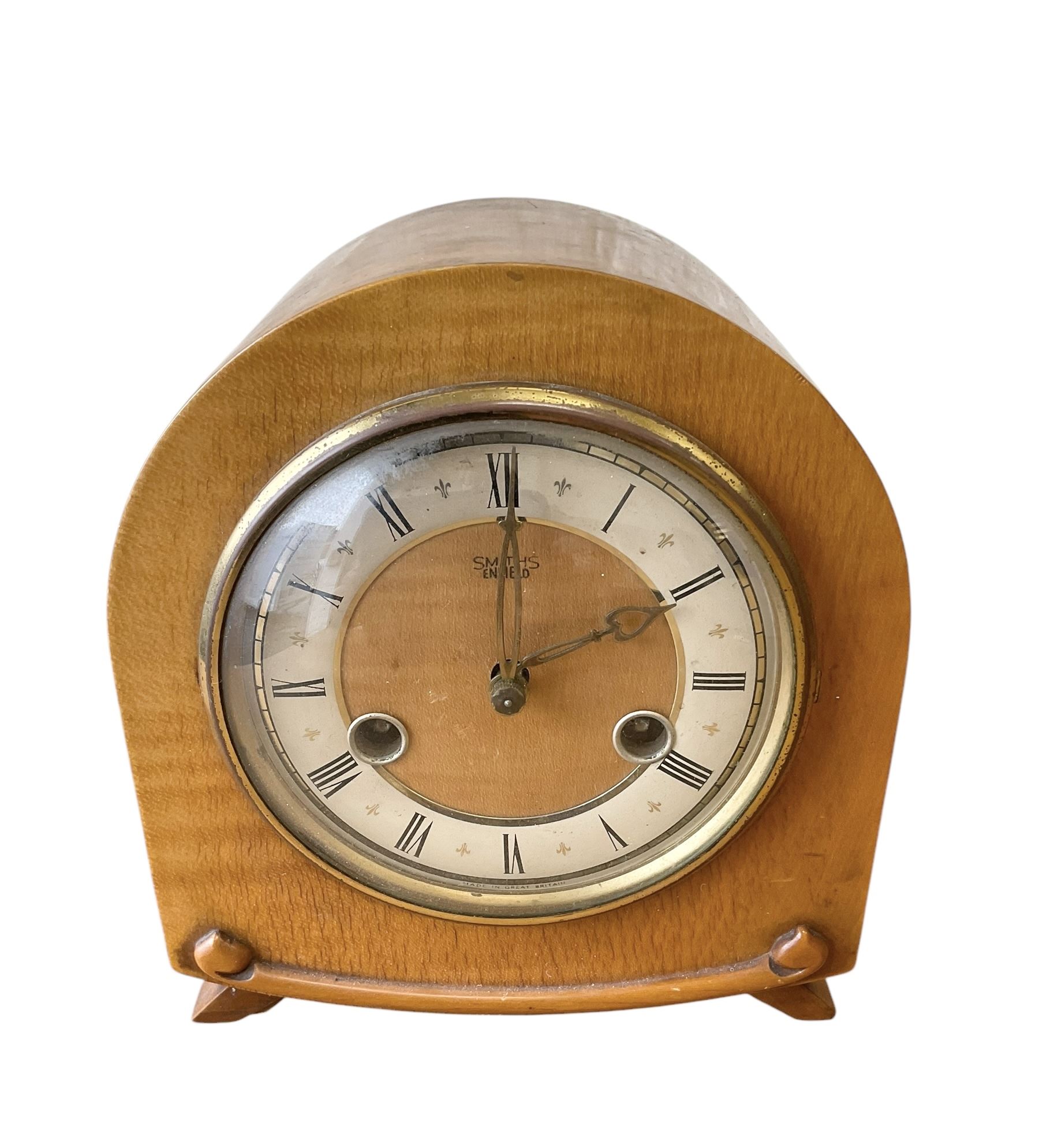 20th century- Hermle 8-day moon phase three train bracket clock, with a brass dial and subsidiary moon dial, floating balance escapement chiming the quarters on 5 gong rods. With an English oak cased Smiths Enfield 8-day striking mantle clock c1950. With pendulum and key.  