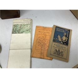 Collection of early 20th century and later Ordnance Survey Maps in two cases, together with pair of brass candlesticks, brass warming pan with pierced domed lid and other brassware