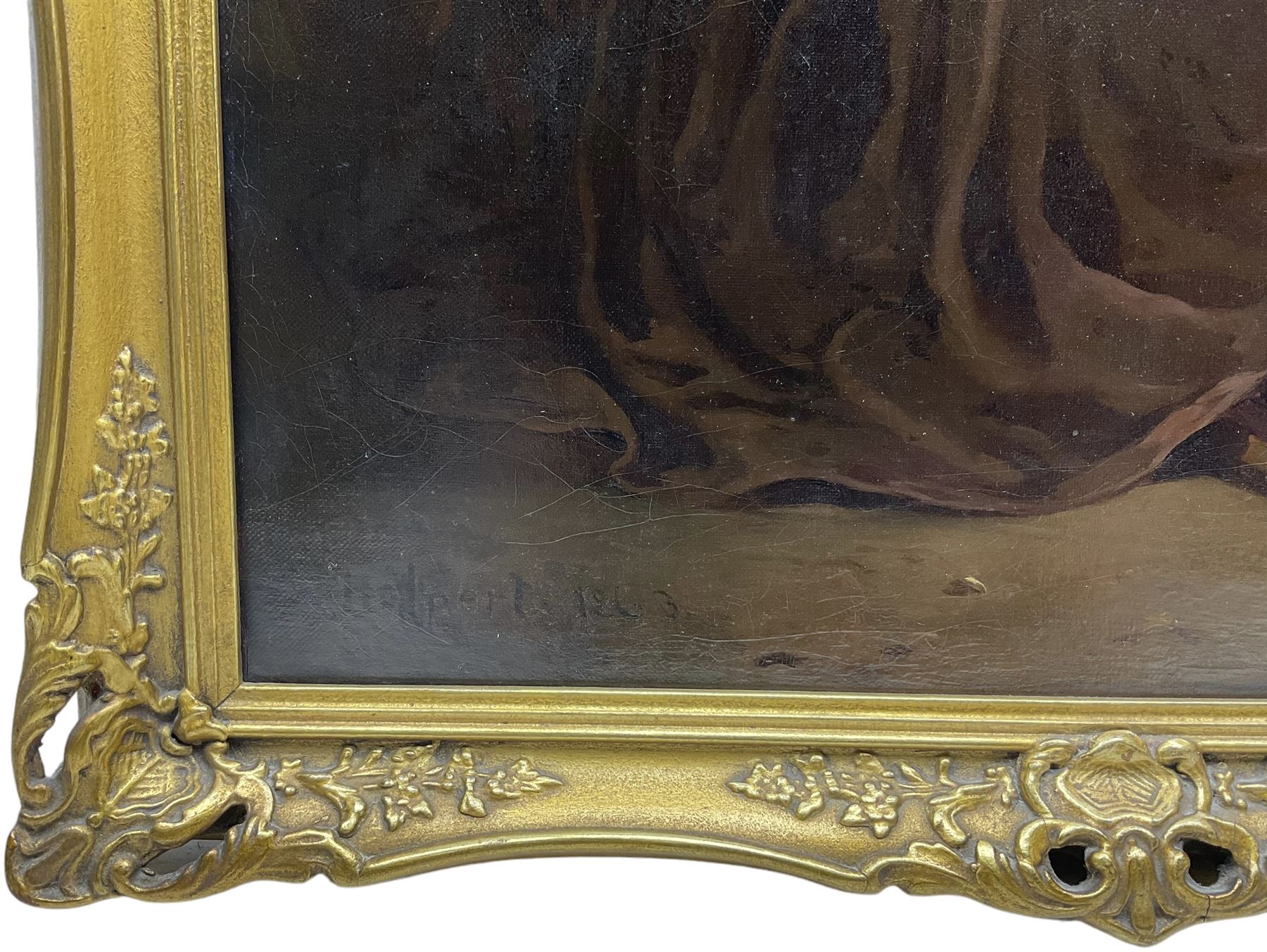 Anton Hölperl (Czech/Austrian 1820-1888): Girls Spinning, Embroidering and Grinding Coffee in Traditional Gowns, set three oils on canvas signed and dated 1863, 57cm x 43cm (3)