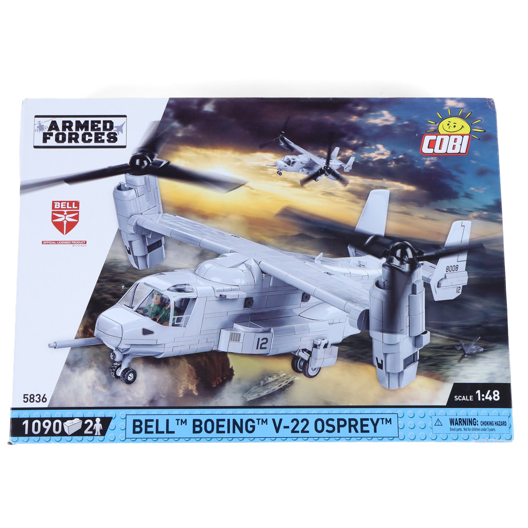 Three Cobi Bricks Armed Forces sets, comprising 1:32 scale no. 5906 Sikorsky UH-60 Black Hawk, 1:35 scale no. 2627 Challenger 2 and 1:48 scale no. 5836 Bell Boeing V-22 Osprey, all in sealed boxes