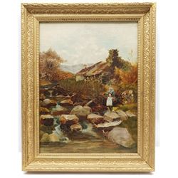 E Rigg (British 19th/20th century): Girl by a Stream, oil on canvas signed 37cm x 28cm    