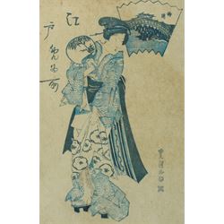 Circle of Utagawa Toyokuni II (Japanese 1777-1835): Geisha Holding a Fan, Edo Japanese woo...