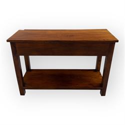 Contemporary console hardwood side table, with rectangular top and two drawers fitted with brass handles, on square legs joined by full-length lower shelf