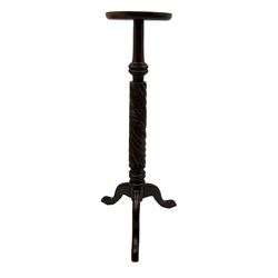 Mahogany rope twist jardiniere stand (H98cm); George III mahogany fold-over tea table (H75cm); occasional table with sectioned drawer (H72cm, W49cm, D37cm); upholstered stool (4)