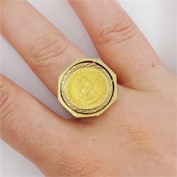 South Africa 1980 1/10 ounce fine gold Krugerrand coin, loose mounted in 9ct gold ring, hallmarked